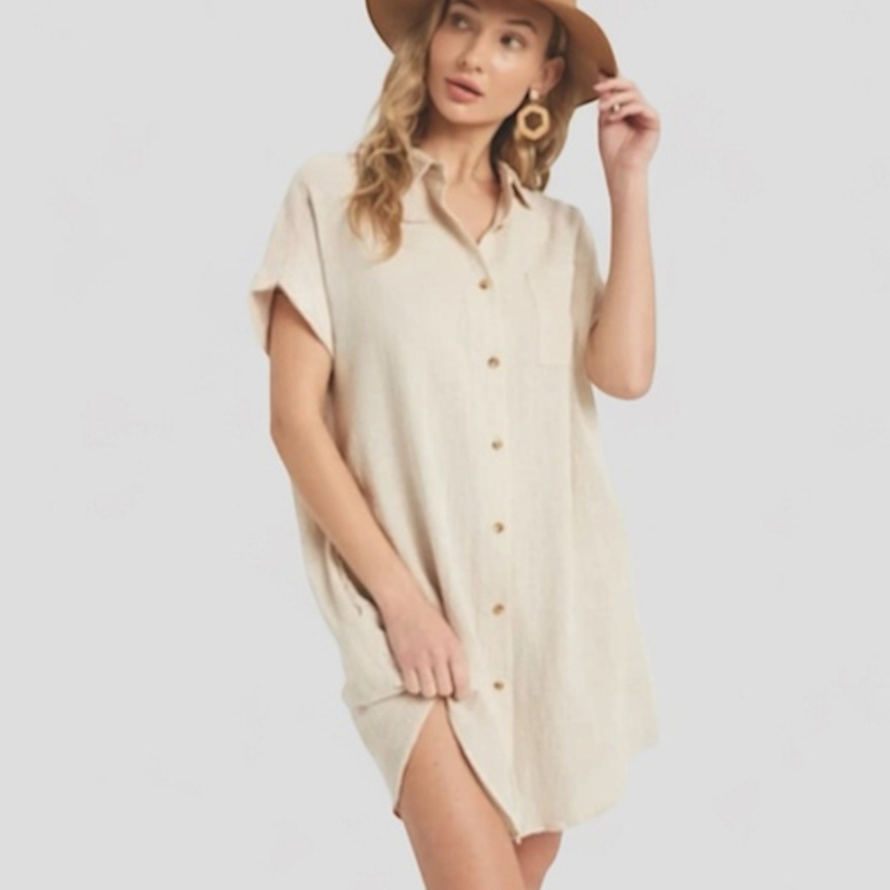 😍 Seaspice tunic dress button down tan nude 100% peruvian cotton res